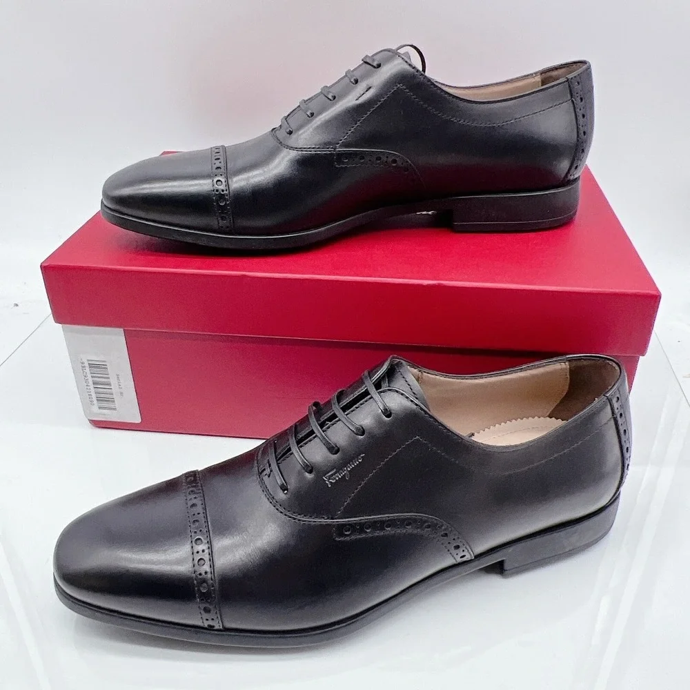 Salvatore Ferragamo Riley Men Dress Shoes Lace Up Oxfords Black Leather US 7 EE